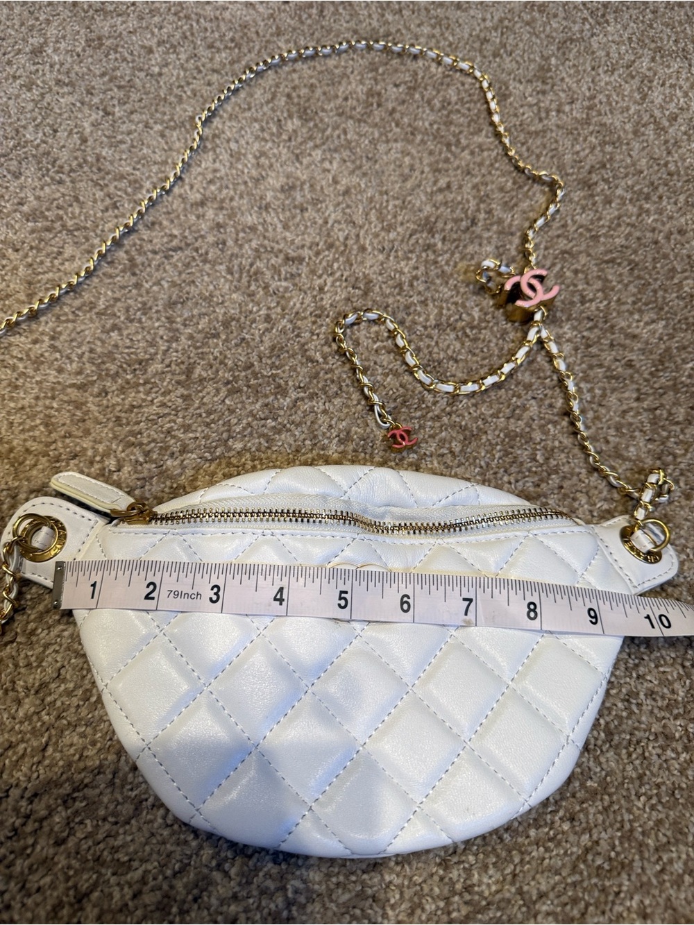 White Quilted Mini Chain Belt Bag